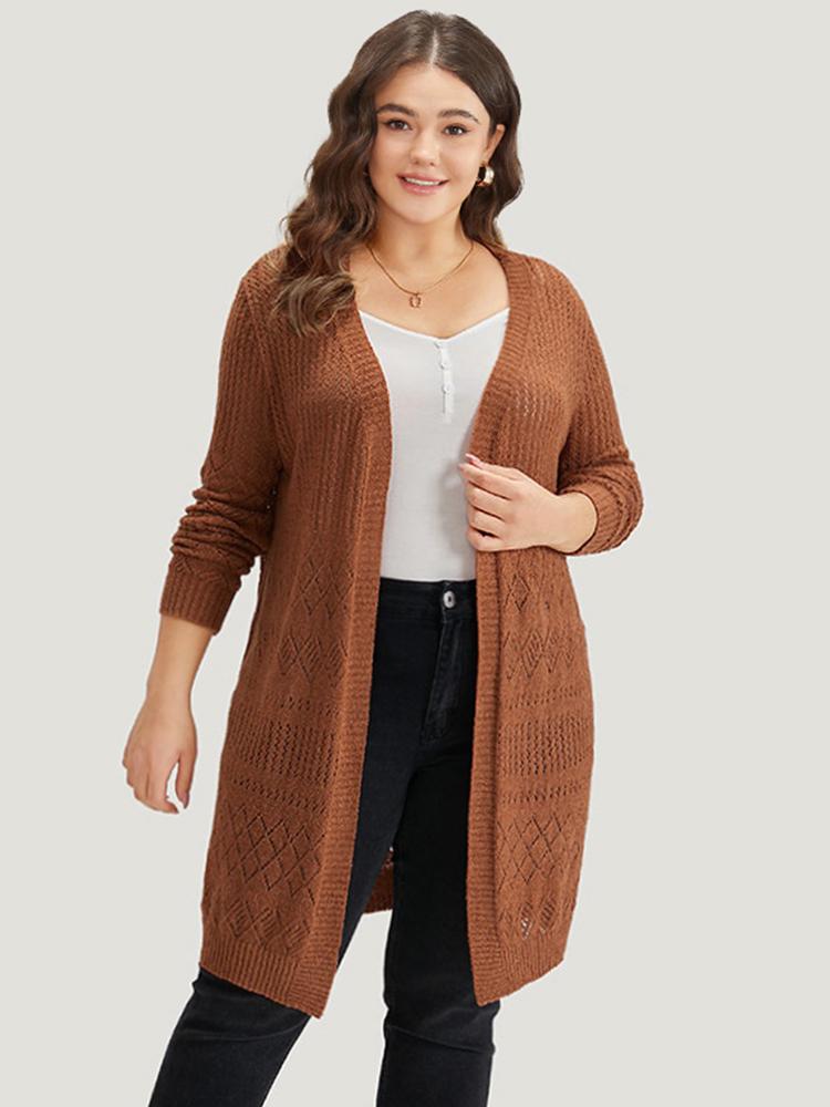 Plus Size Cardigans | Solid Geometric Hollow Out Open Front Cardigan | BloomChic 