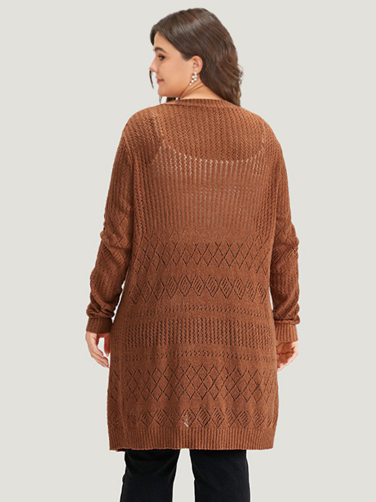 Plus Size Cardigans | Solid Geometric Hollow Out Open Front Cardigan | BloomChic 