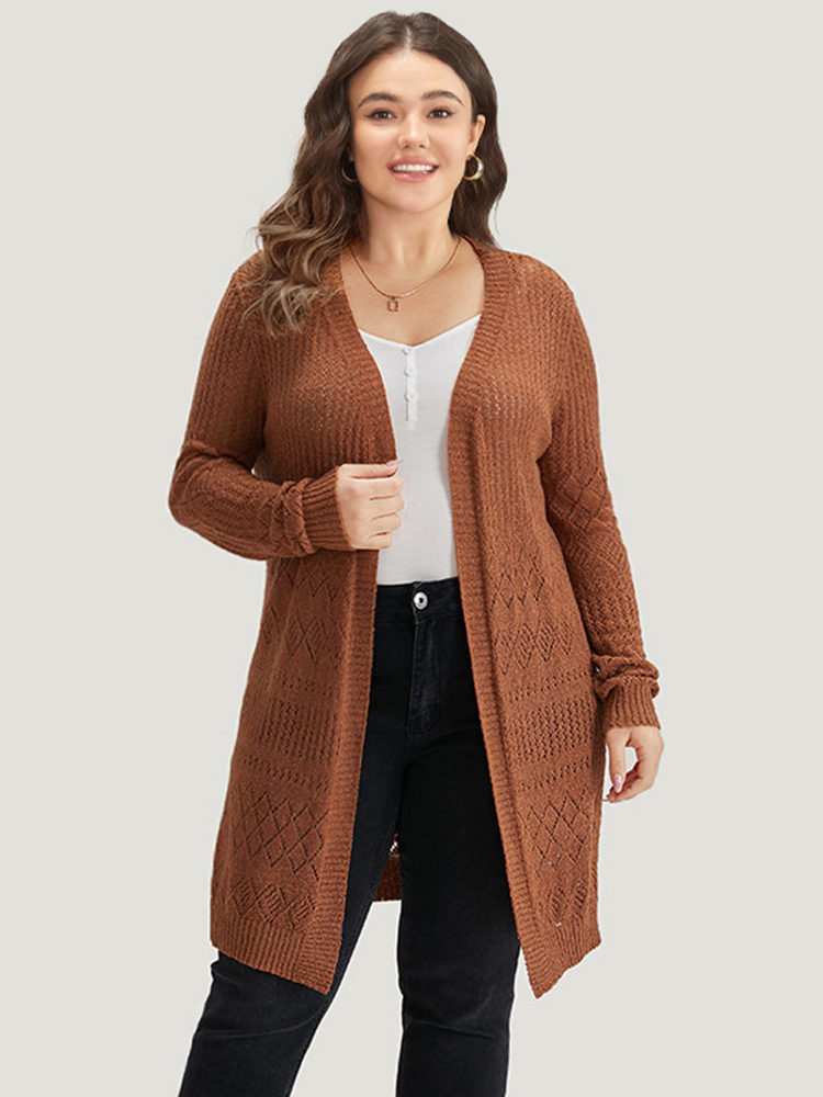Plus Size Cardigans | Solid Geometric Hollow Out Open Front Cardigan | BloomChic 