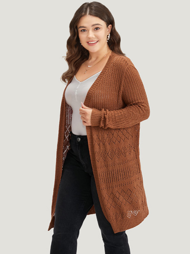Plus Size Cardigans | Solid Geometric Hollow Out Open Front Cardigan | BloomChic 