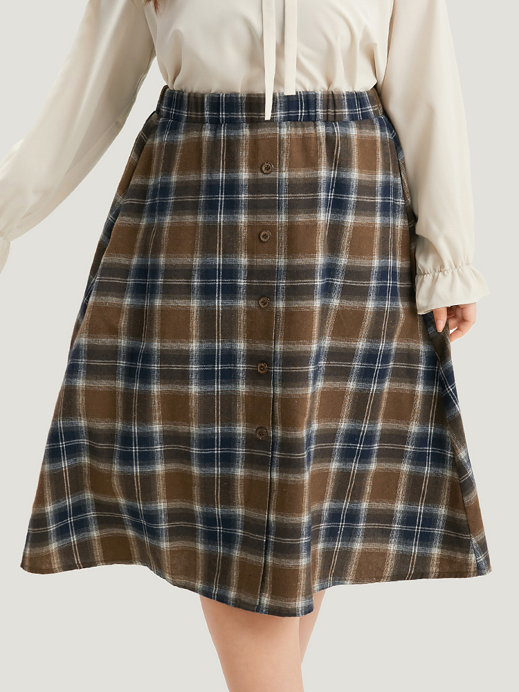 

Plaid Button Detail Elastic Waist Woven Skirt, Multicolor