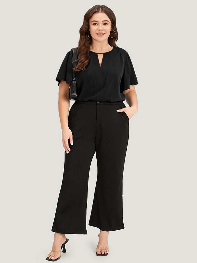 

Plus Size Black Plain Cut Out Flutter Sleeve Pleated Blouse Women Office Short sleeve V-neck Work Blouses BloomChic