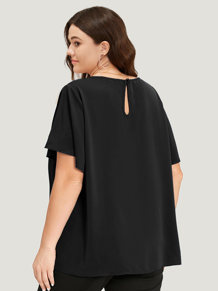 Plus Size Black Plain Cut Out Flutter Sleeve Pleated Blouse Women Office Short sleeve V-neck Work Blouses BloomChic 18-20/2X 