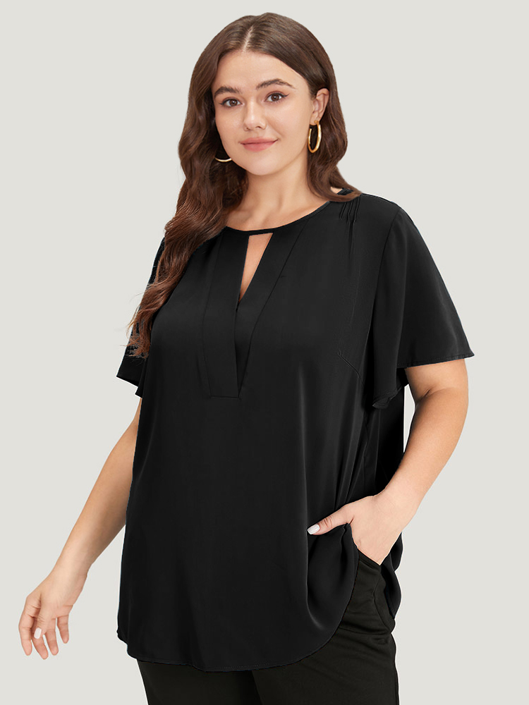 Plus Size Black Plain Cut Out Flutter Sleeve Pleated Blouse Women Office Short sleeve V-neck Work Blouses BloomChic 18-20/2X 