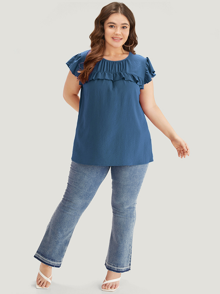 

Plus Size Aegean Solid Gathered Flutter Trim Blouse Women Elegant Cap Sleeve Round Neck Dailywear Blouses BloomChic