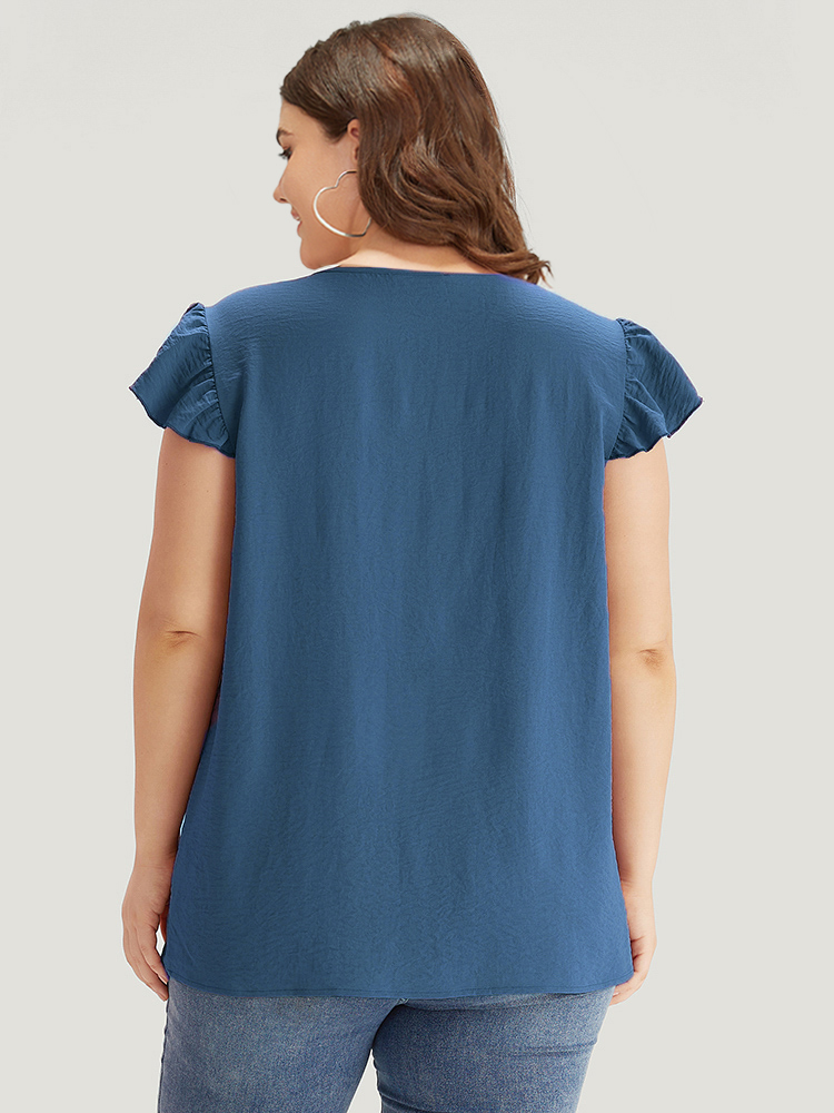 Plus Size Aegean Solid Gathered Flutter Trim Blouse Women Elegant Cap Sleeve Round Neck Dailywear Blouses BloomChic 14-16/1X 