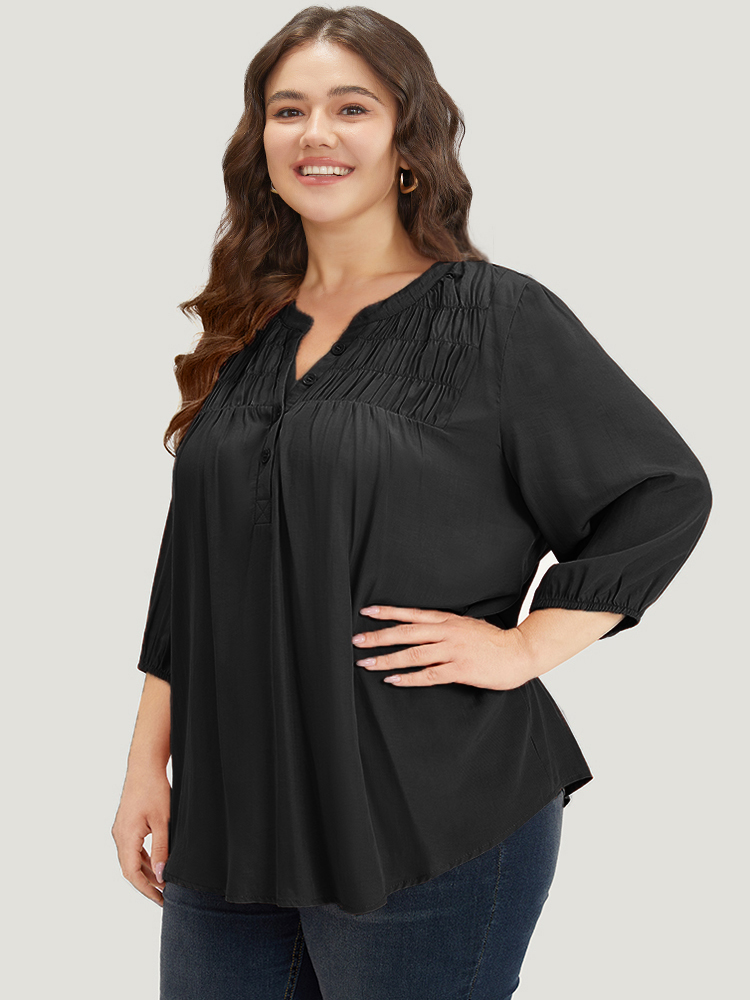 

Plus Size Black Plain Notched Button Through Elastic Cuffs Shirred Blouse Women Office Elbow-length sleeve V-neck Work Blouses BloomChic