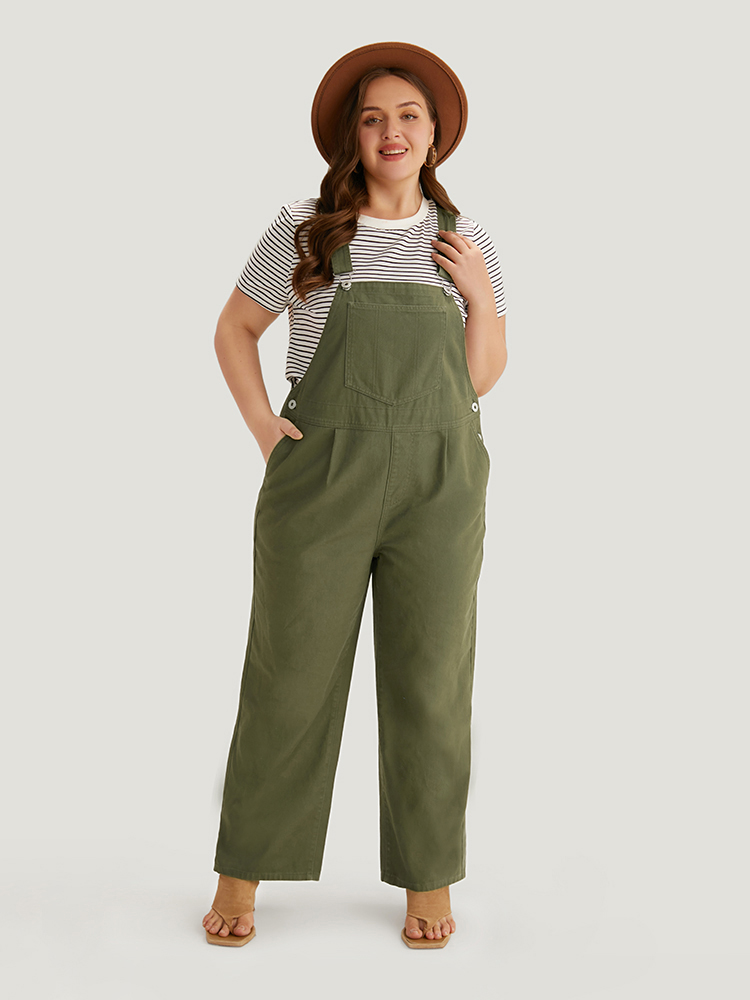 

Plus Size Olive Solid Patched Pocket Pleated Overall Jeans Women Casual Sleeveless Non Dailywear Loose Jumpsuits BloomChic