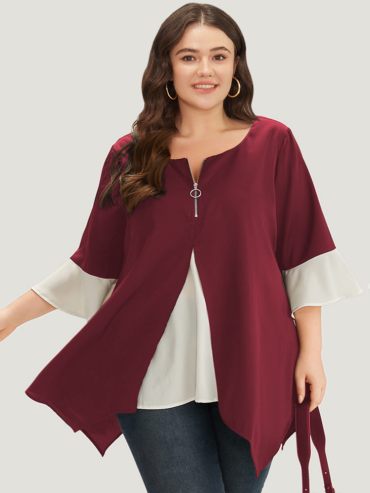 

Plus Size Scarlet Anti-Wrinkle Contrast Zip Up Flutter Sleeve Hanky Hem Blouse Women Office Half Sleeve Round Neck Work Blouses BloomChic