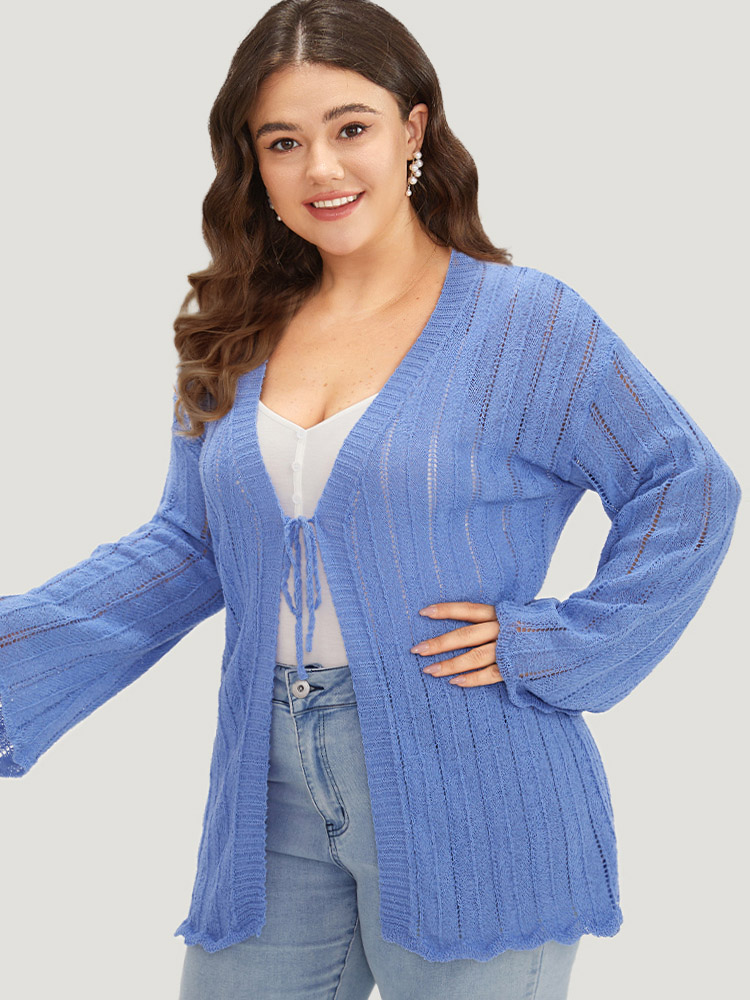 

Plus Size Plain Ties Front Bell Sleeve Scalloped Trim Cardigan Cerulean Women Casual Loose Long Sleeve Everyday Cardigans BloomChic