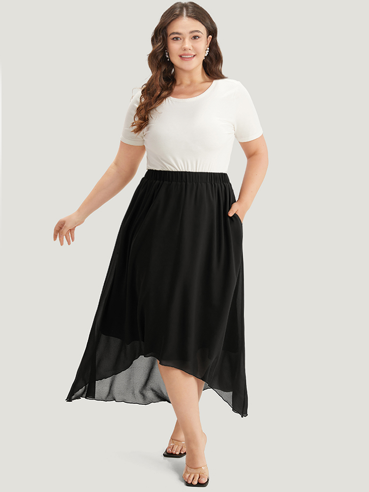 Plus Size Plain Elastic Waist Pocket Mesh High Low Hem Skirt Women Black Elegant Elastic Waist Loose Low stretch Dailywear Skirts BloomChic 14-16/1X 