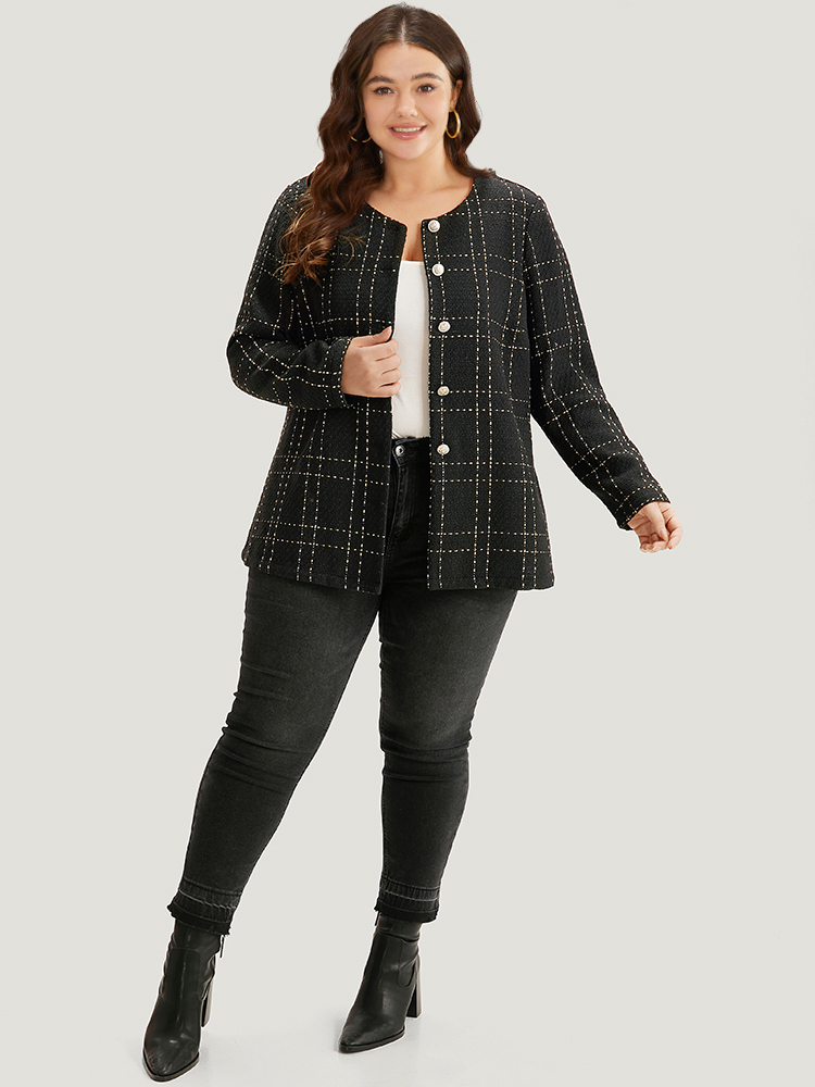 

Plus Size Plaid Pattern Button Up Crew Neck Coat Women Black Casual Texture Ladies Dailywear Winter Coats BloomChic