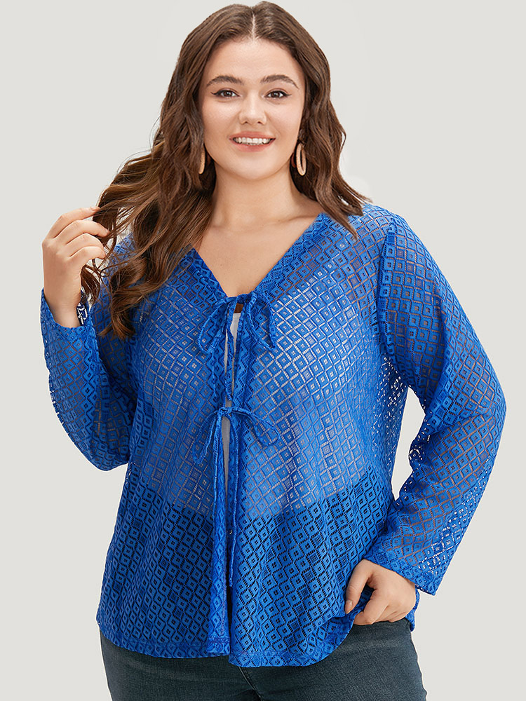 

Plus Size Plain Knot Lace Mesh Hollow Out Jacket Women Blue Plain Dailywear Jackets BloomChic