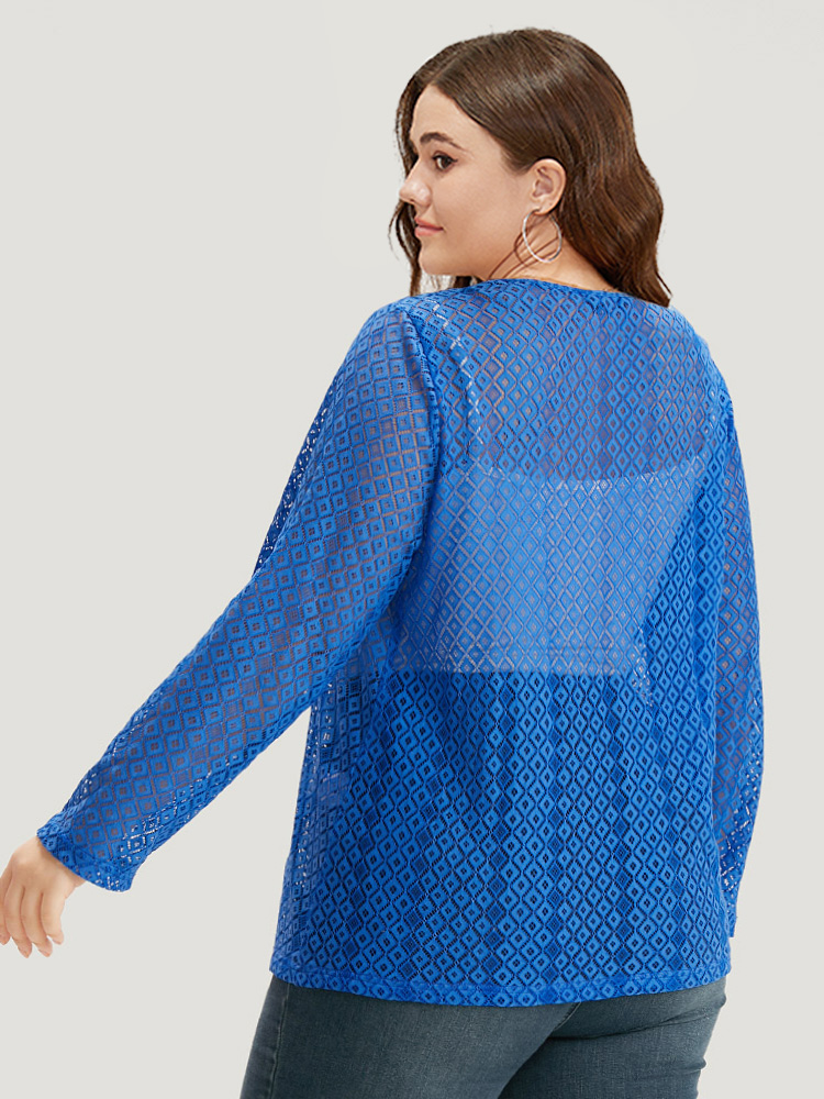 

Plus Size Plain Knot Lace Mesh Hollow Out Jacket Women Blue Plain Dailywear Jackets BloomChic