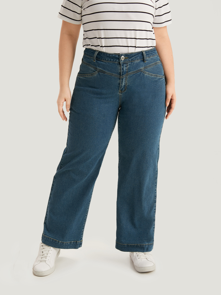 Plus Size Women Dailywear Plain High stretch Wide Leg Medium Wash Casual Jeans BloomChic 