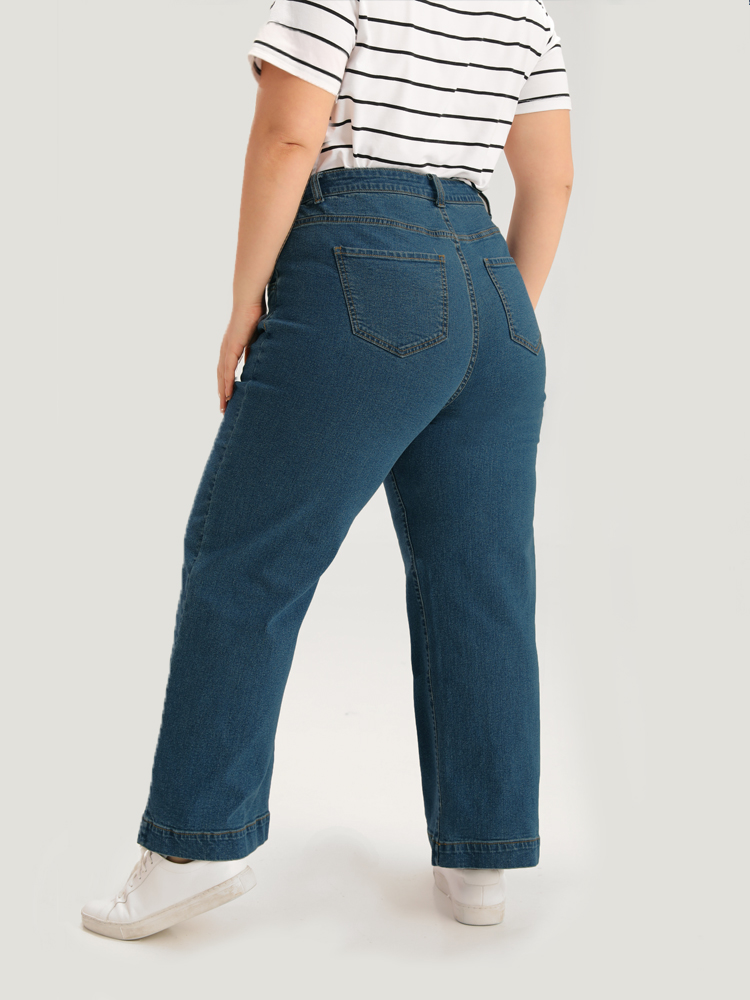 Plus Size Women Dailywear Plain High stretch Wide Leg Medium Wash Casual Jeans BloomChic 