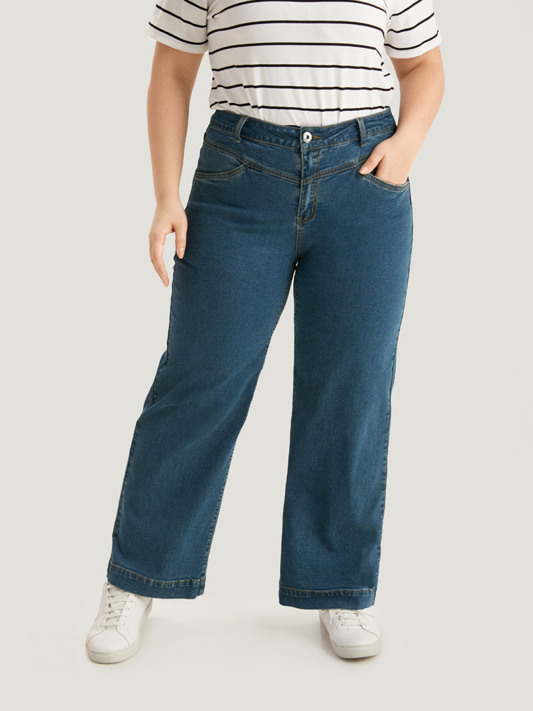 Plus Size Women Dailywear Plain High stretch Wide Leg Medium Wash Casual Jeans BloomChic 