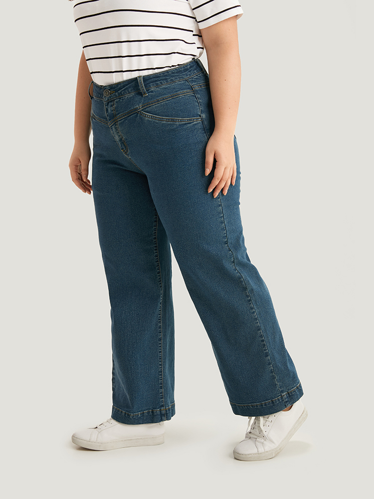 Plus Size Women Dailywear Plain High stretch Wide Leg Medium Wash Casual Jeans BloomChic 