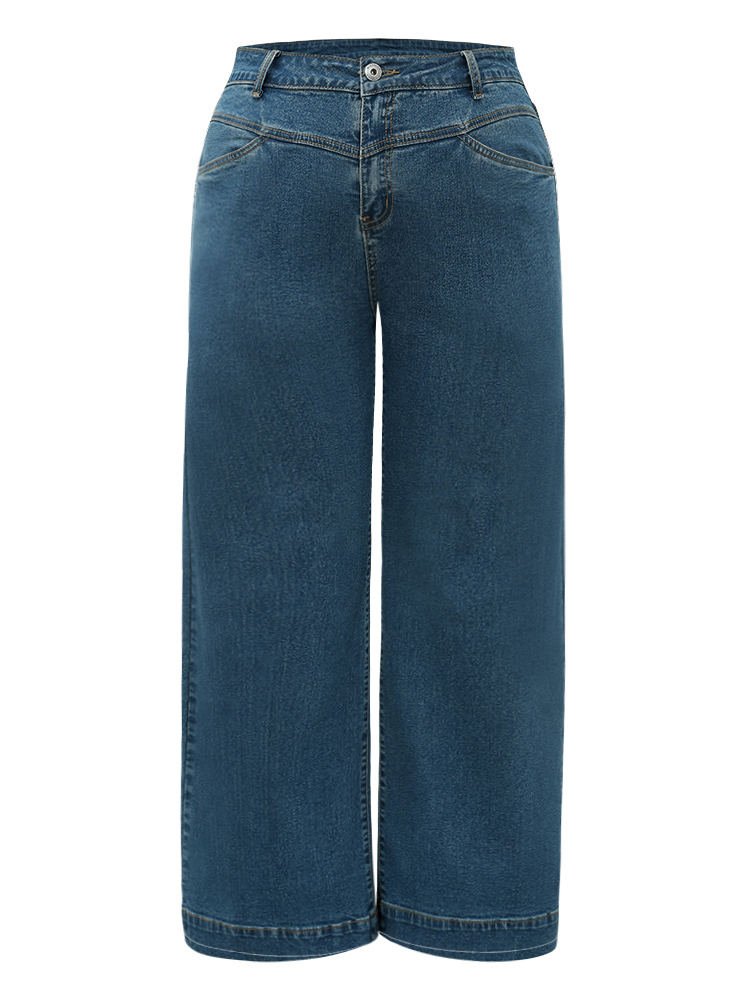 Plus Size Women Dailywear Plain High stretch Wide Leg Medium Wash Casual Jeans BloomChic 