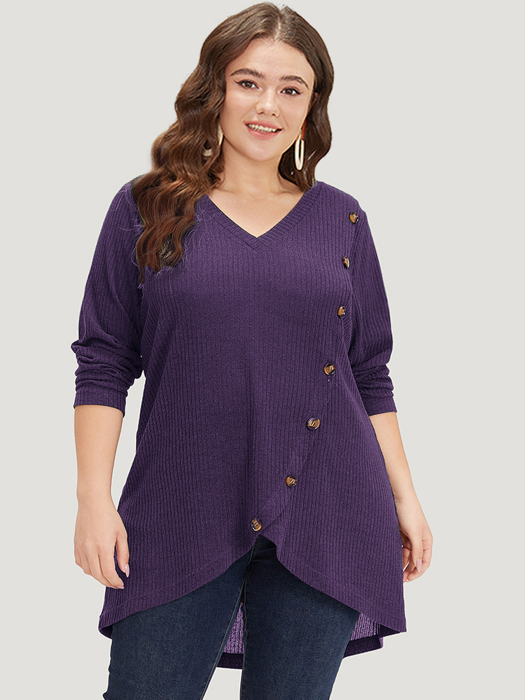 

Plus Size Plain Texture V Neck Button Detail T-shirt Eggplant V-neck Long Sleeve Elegant Jersey Tops