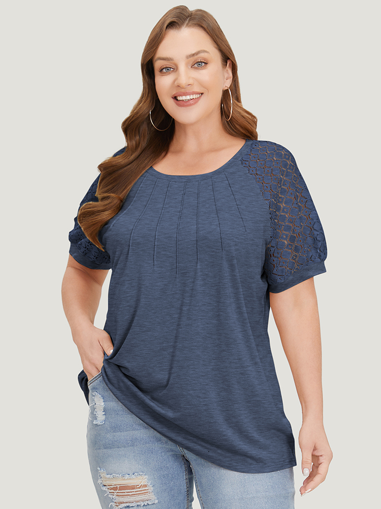 

Plus Size Solid Lace Raglan Sleeve Pleated T-shirt DarkBlue Round Neck Short sleeve Casual Jersey Tops