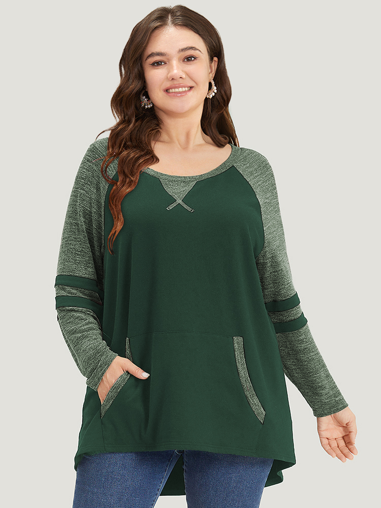 

Plus Size Striped Contrast Pocket Raglan Sleeve High Low Hem Sweatshirt Women Green Casual Contrast Round Neck Everyday Sweatshirts BloomChic