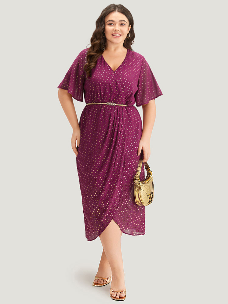 

Plus Size Glitter Geo Graphic Pocket Wrap Hem Dress RedViolet Women Party Wrap V-neck Short sleeve Curvy Midi Dress BloomChic