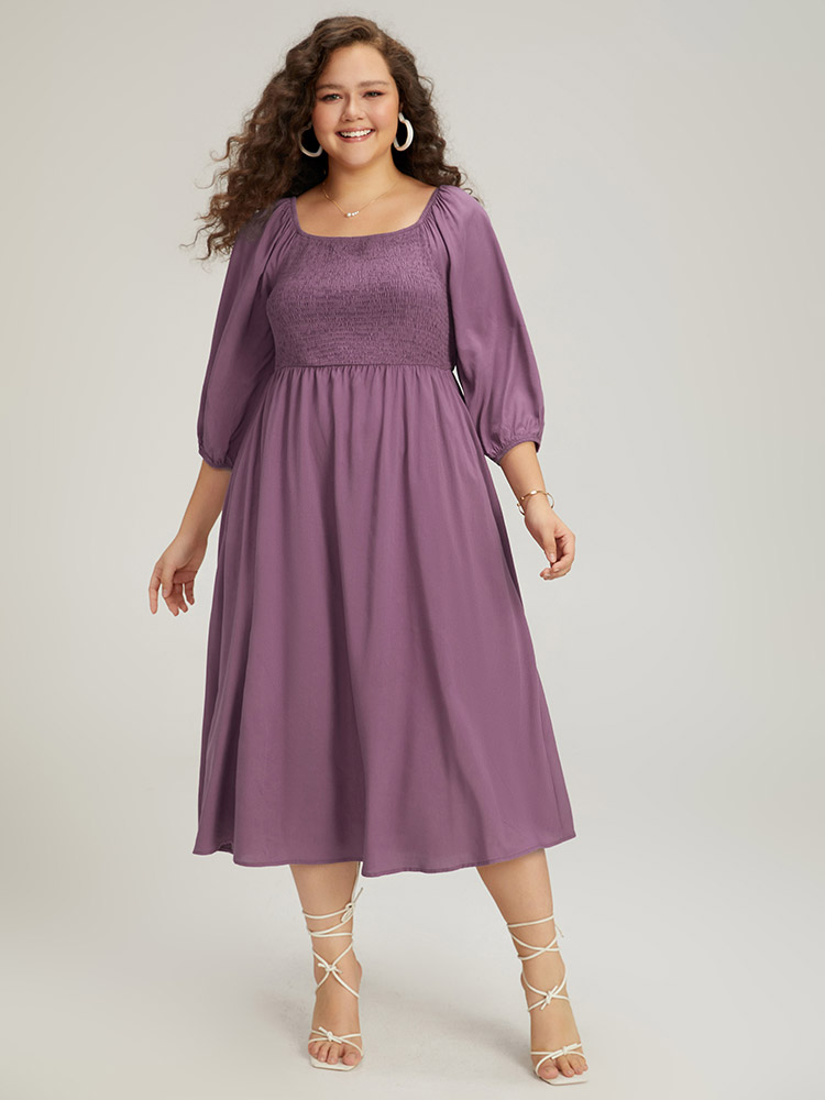 

Plus Size Plain Shirred Square Neck Elastic Cuffs Dress Mauve Women Elegant Elastic cuffs Square Neck Elbow-length sleeve Curvy Midi Dress BloomChic