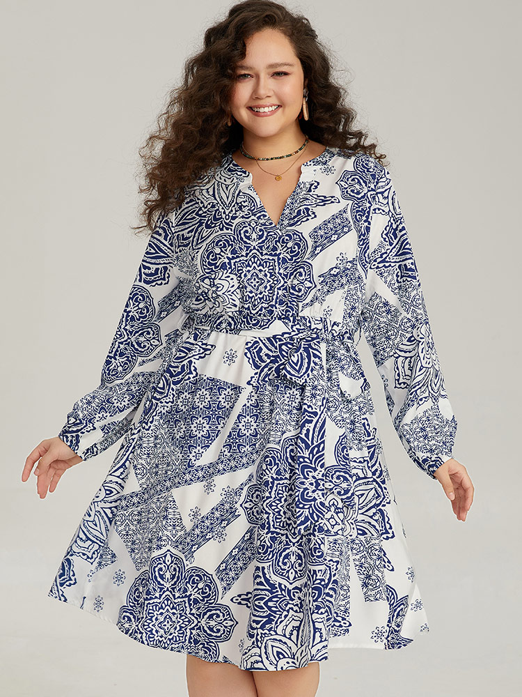 Plus Size Women Dailywear Bohemian Print Elastic cuffs Lantern Sleeve Long Sleeve Notched collar Pocket Belt Vacation Dresses BloomChic 