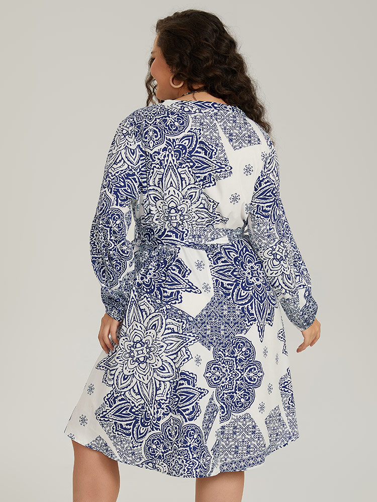 

Plus Size Bandana Print Notched Belted Dress Blue Women Vacation Elastic cuffs Notched collar Long Sleeve Curvy Midi Dress BloomChic