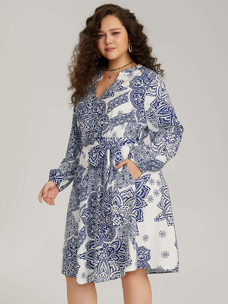 Plus Size Women Dailywear Bohemian Print Elastic cuffs Lantern Sleeve Long Sleeve Notched collar Pocket Belt Vacation Dresses BloomChic 