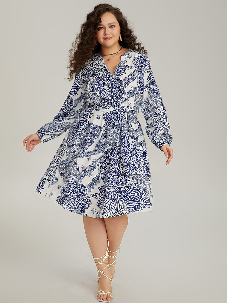 Plus Size Women Dailywear Bohemian Print Elastic cuffs Lantern Sleeve Long Sleeve Notched collar Pocket Belt Vacation Dresses BloomChic 