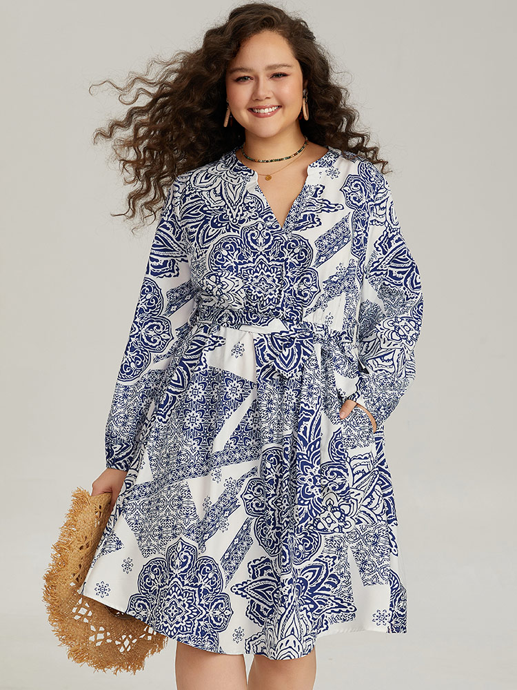 Plus Size Women Dailywear Bohemian Print Elastic cuffs Lantern Sleeve Long Sleeve Notched collar Pocket Belt Vacation Dresses BloomChic 