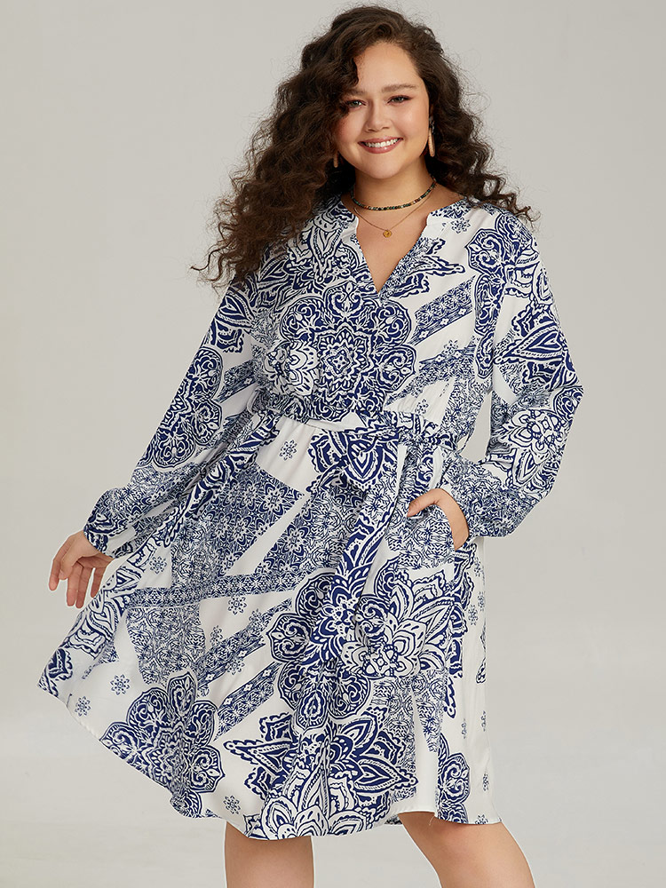 Plus Size Women Dailywear Bohemian Print Elastic cuffs Lantern Sleeve Long Sleeve Notched collar Pocket Belt Vacation Dresses BloomChic 