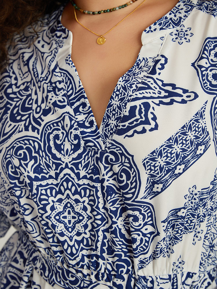 Plus Size Women Dailywear Bohemian Print Elastic cuffs Lantern Sleeve Long Sleeve Notched collar Pocket Belt Vacation Dresses BloomChic 