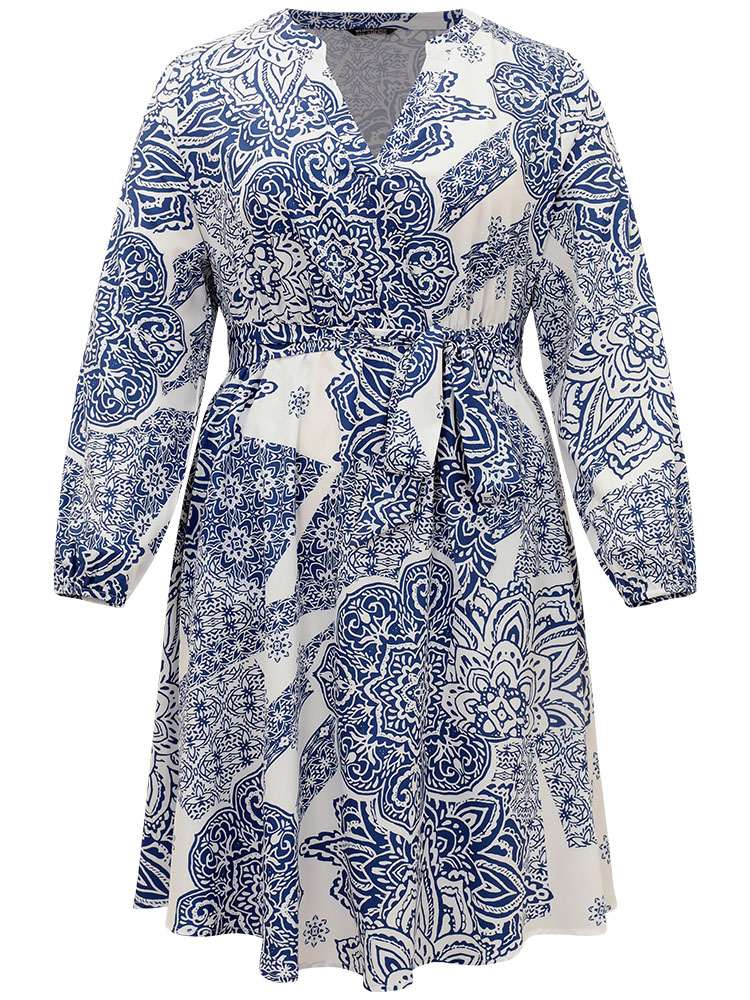 Plus Size Women Dailywear Bohemian Print Elastic cuffs Lantern Sleeve Long Sleeve Notched collar Pocket Belt Vacation Dresses BloomChic 