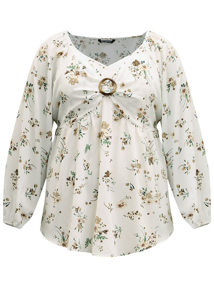 

Plus Size Ivory Floral Print Buckle Detail Gathered Bell Sleeve Blouse Women Elegant Long Sleeve V-neck Dailywear Blouses BloomChic