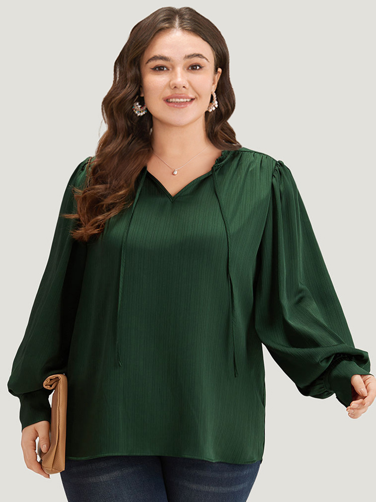 

Plus Size DarkGreen Anti-Wrinkle Solid Knot Neck Gathered Lantern Sleeve Blouse Women Office Long Sleeve Tie Neck Work Blouses BloomChic