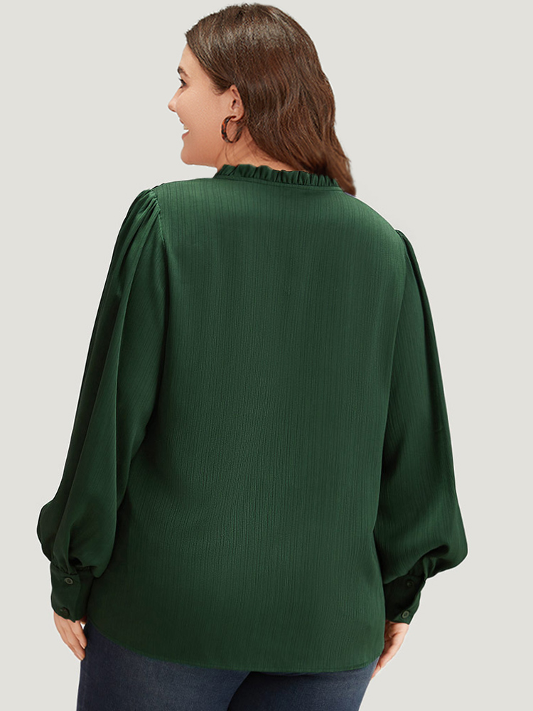Plus Size DarkGreen Anti-Wrinkle Solid Knot Neck Gathered Lantern Sleeve Blouse Women Office Long Sleeve Tie Neck Work Blouses BloomChic 12/L 