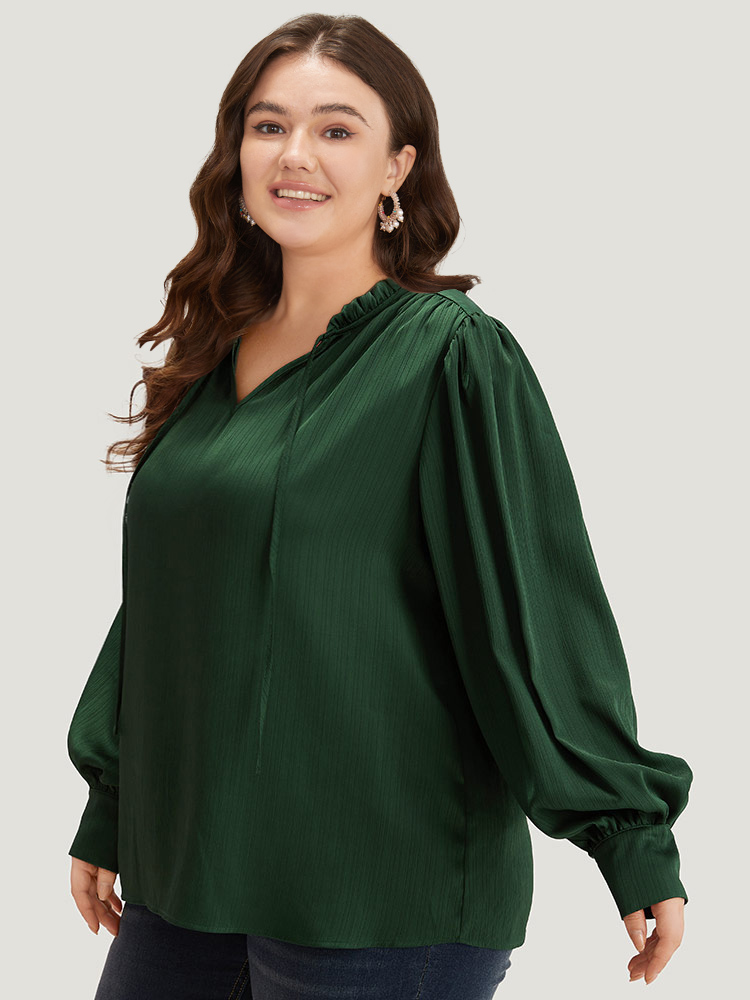 Plus Size DarkGreen Anti-Wrinkle Solid Knot Neck Gathered Lantern Sleeve Blouse Women Office Long Sleeve Tie Neck Work Blouses BloomChic 12/L 