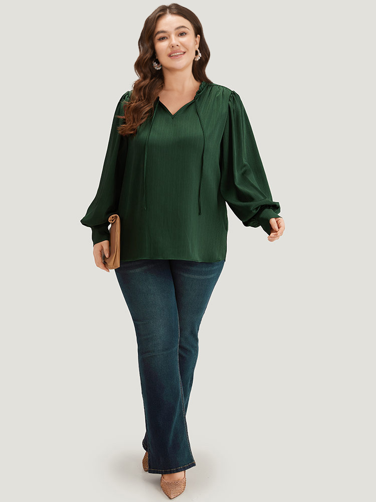 Plus Size DarkGreen Anti-Wrinkle Solid Knot Neck Gathered Lantern Sleeve Blouse Women Office Long Sleeve Tie Neck Work Blouses BloomChic 12/L 