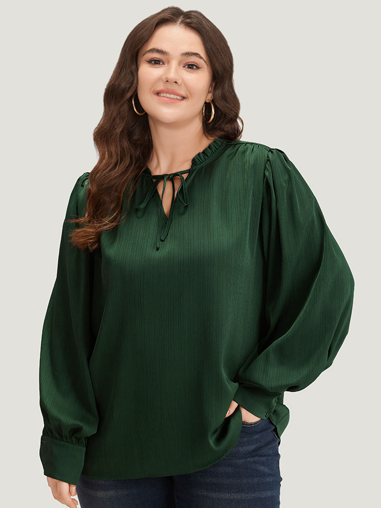 Plus Size DarkGreen Anti-Wrinkle Solid Knot Neck Gathered Lantern Sleeve Blouse Women Office Long Sleeve Tie Neck Work Blouses BloomChic 12/L 
