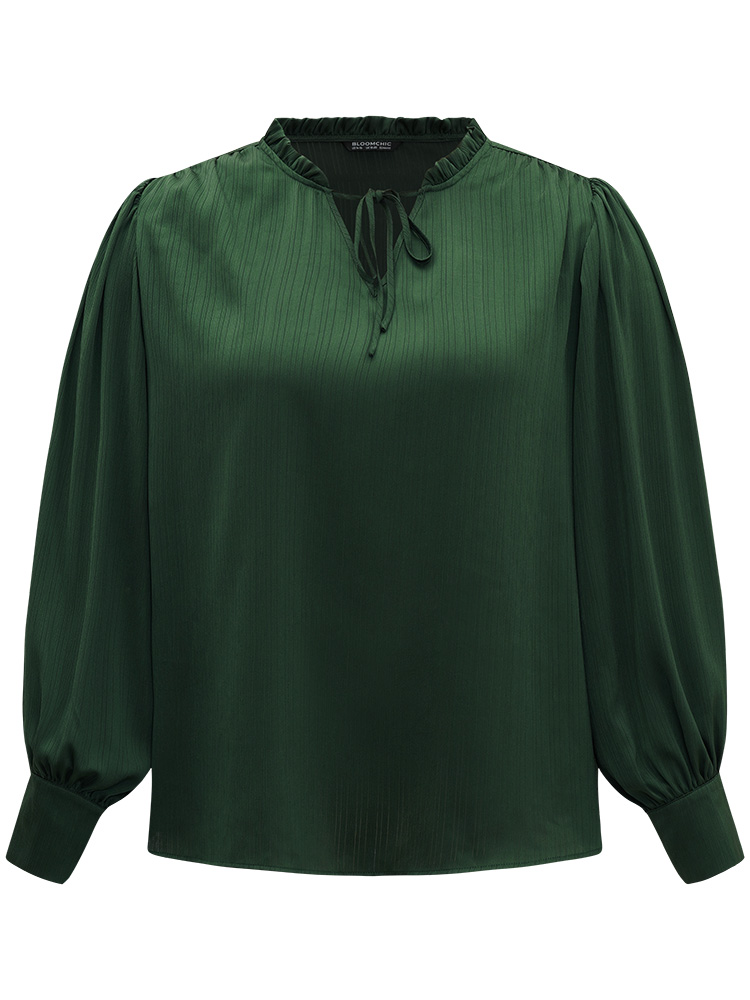 Plus Size DarkGreen Anti-Wrinkle Solid Knot Neck Gathered Lantern Sleeve Blouse Women Office Long Sleeve Tie Neck Work Blouses BloomChic 12/L 