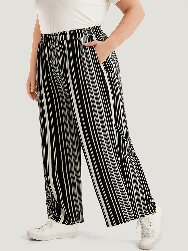 Plus Size Striped Elastic Waist Pocket Loose Pants Women Black Casual Wide Leg High Rise Dailywear Pants BloomChic 12/L 