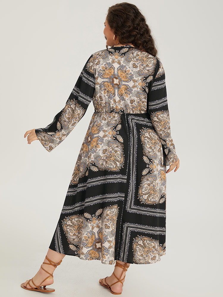 Plus Size Women Dailywear Moroccan Print Slit Regular Sleeve Long Sleeve Tie Neck Pocket Vacation Dresses BloomChic 