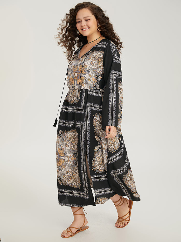 Plus Size Women Dailywear Moroccan Print Slit Regular Sleeve Long Sleeve Tie Neck Pocket Vacation Dresses BloomChic 