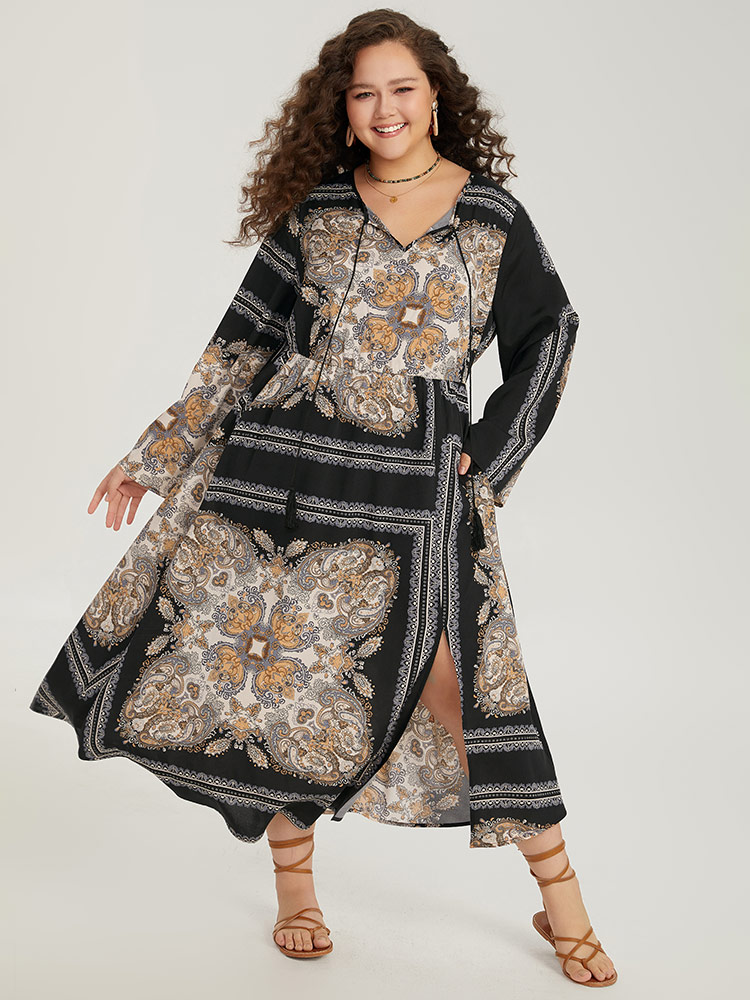 Plus Size Women Dailywear Moroccan Print Slit Regular Sleeve Long Sleeve Tie Neck Pocket Vacation Dresses BloomChic 