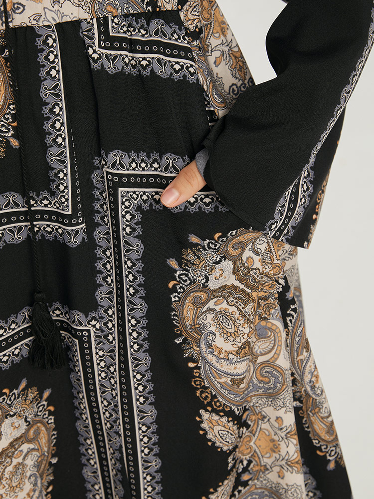 Plus Size Women Dailywear Moroccan Print Slit Regular Sleeve Long Sleeve Tie Neck Pocket Vacation Dresses BloomChic 