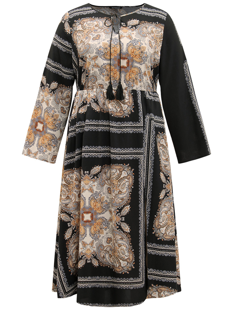 Plus Size Women Dailywear Moroccan Print Slit Regular Sleeve Long Sleeve Tie Neck Pocket Vacation Dresses BloomChic 