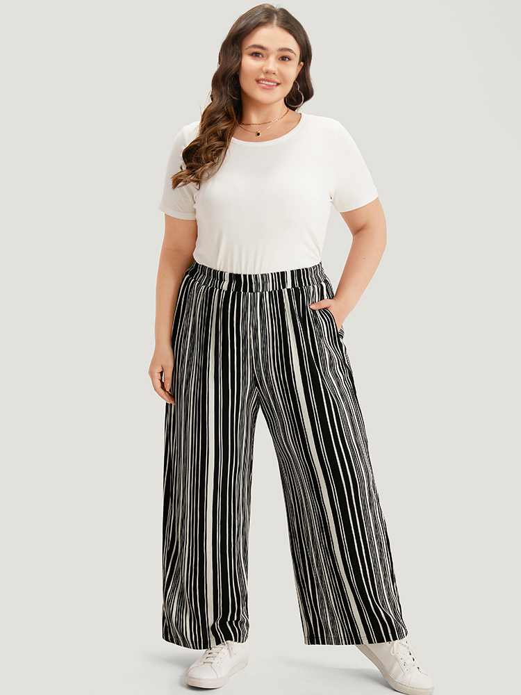 Plus Size Striped Elastic Waist Pocket Loose Pants Women Black Casual Wide Leg High Rise Dailywear Pants BloomChic 12/L 